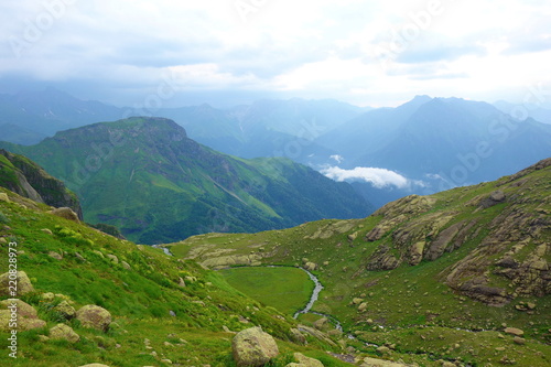 Hiking trail leading to Tobavarchkhili pass in Caucasus Mountains in Georgia on a hike to Silver Lakes