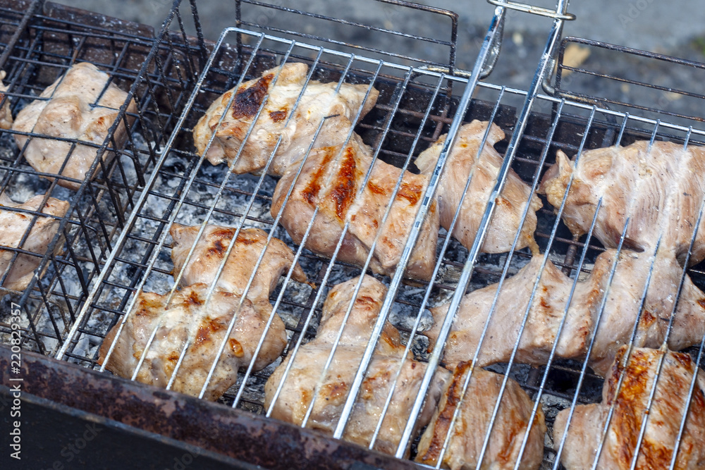 Barbecue is fried on the grill. Close-up.