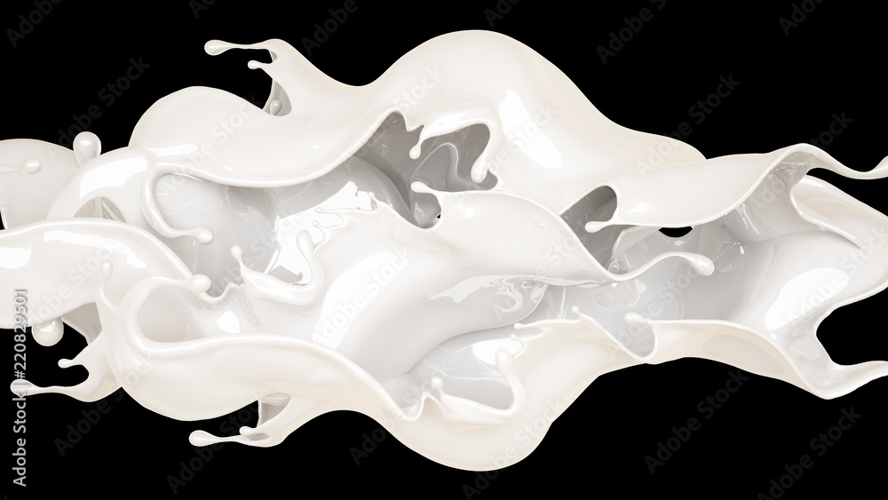 Splash of thick white liquid on a black background. 3d illustration, 3d rendering.