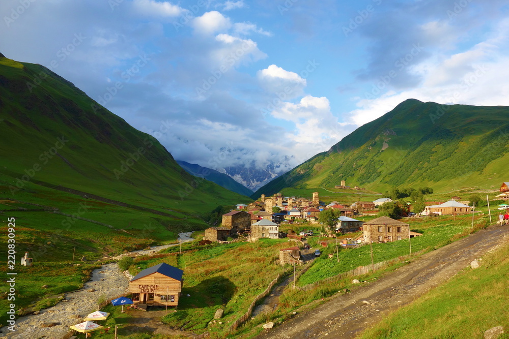 Traditional ancient Svan Towers and machub house in Ushguli village, Upper Svaneti, Georgia. Ushguli is the highest village in Europe and is a part of UNESCO World Heritage Site.