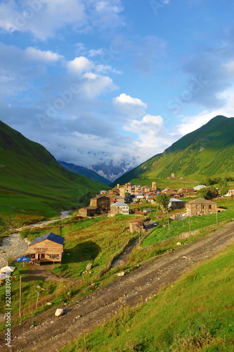 Traditional ancient Svan Towers and machub house in Ushguli village, Upper Svaneti, Georgia. Ushguli is the highest village in Europe and is a part of UNESCO World Heritage Site.