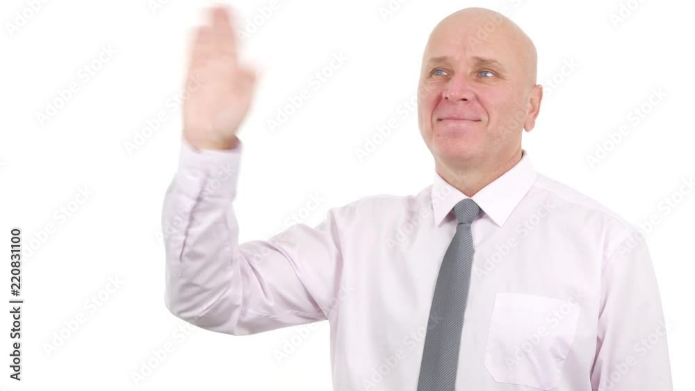 Happy Businessman Smile and Make Hello Hand Gestures Happy Businessman Smile and Make Hello Hand Gestures