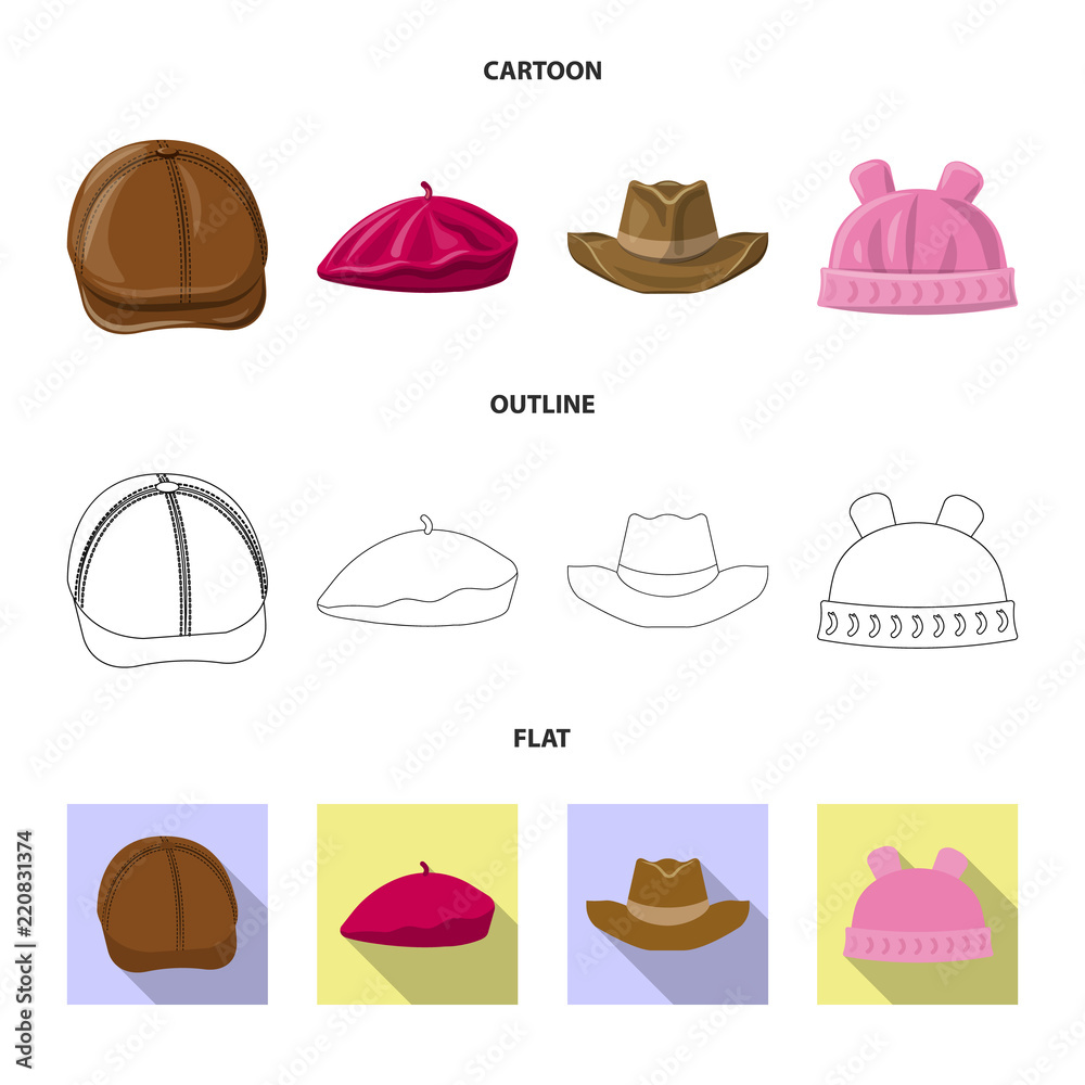 Vector illustration of headwear and cap sign. Set of headwear and accessory vector icon for stock. Vector illustration of headwear and cap sign. Set of headwear and accessory vector icon for stock.