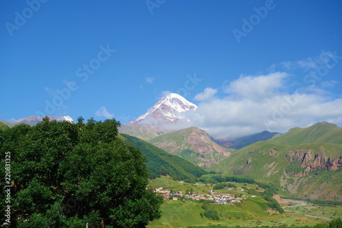 Peak of mount Kazbek taken from a mountain village called Stepantsminda in Georgia