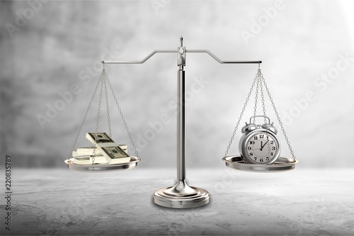 Justice Scales with money and alarm clock. Justice concept