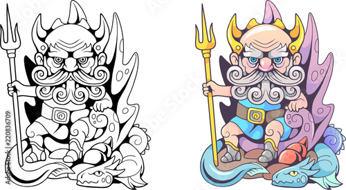 cartoon, ancient greek god poseidon, sits on the throne