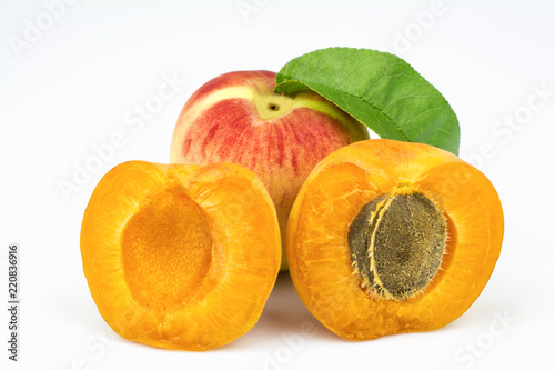 Lobules of orange apricot and bright red peach are isolated on a white background.