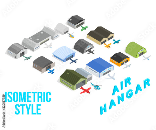 Air hangar concept icons set. Isometric set of air hangar concept vector icons for web isolated on white background © ylivdesign