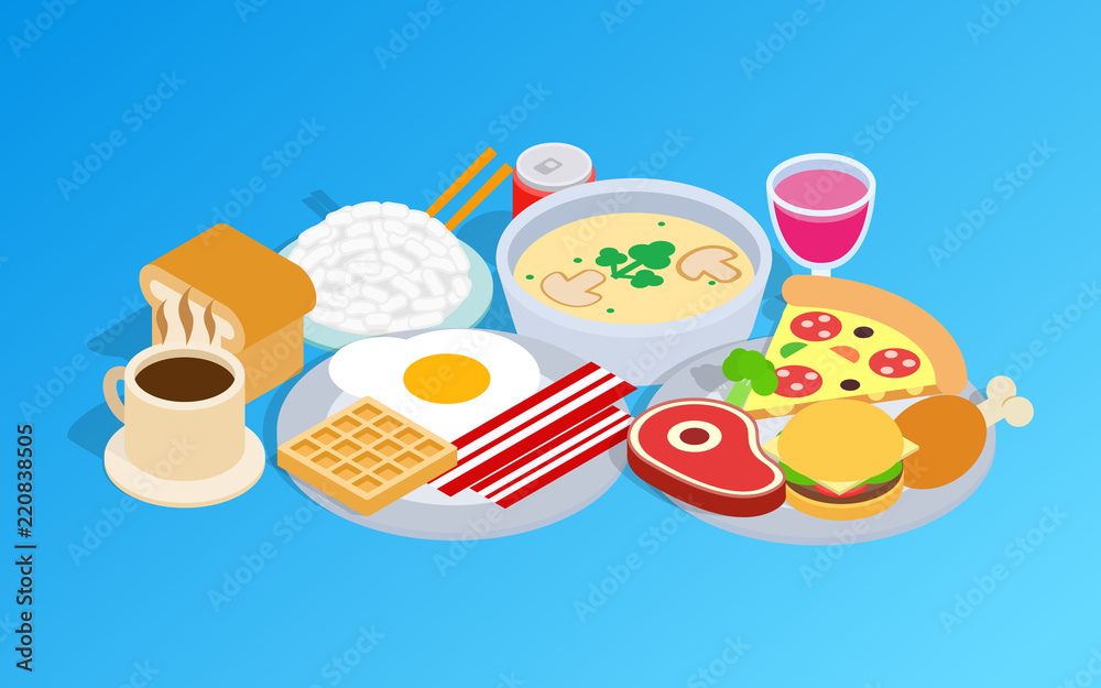 Breakfast clip art. Isometric clip art of breakfast concept vector icons for web isolated on white background