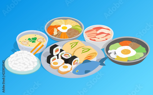 Korean food clip art. Isometric clip art of korean food concept vector icons for web isolated on white background