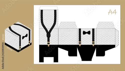 Paper box with suspenders and bow tie. Printable template for little man's birthday (father's day) party. Candy bar printing package, square packaging. It's favor gift ( sweet, chocolate, food, nuts)