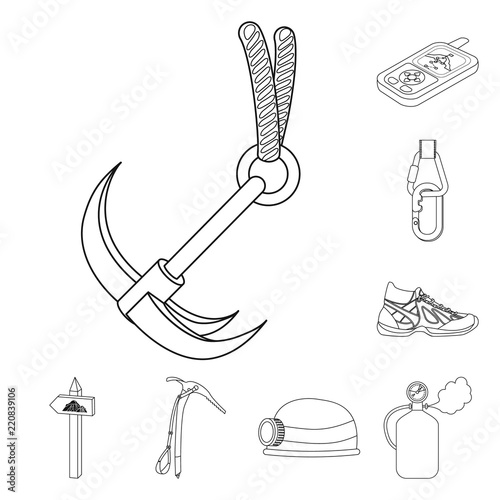 Vector illustration of alpinism and peak sign. Set of alpinism and camp stock symbol for web.