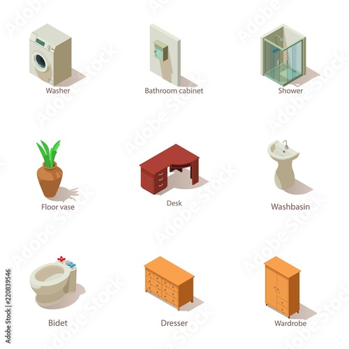 Premise icons set. Isometric set of 9 premise vector icons for web isolated on white background