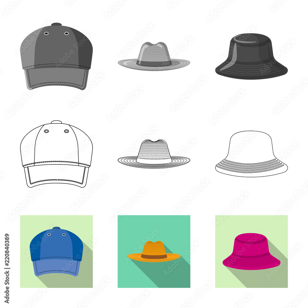 Isolated object of headwear and cap symbol. Set of headwear and accessory stock symbol for web. Isolated object of headwear and cap symbol. Set of headwear and accessory stock symbol for web.