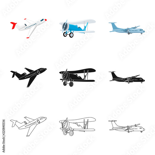 Vector illustration of plane and transport icon. Collection of plane and sky vector icon for stock.