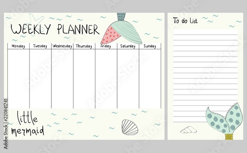 Hand drawing vector weekly planner with mermaids tail.
