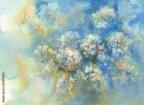 a bouquet of blue flowers, hydrangeas watercolor illustration