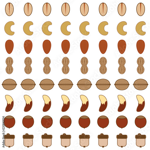 Eight rows of various types of stylized nuts
