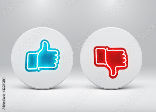 Neon like and dislike buttons, vector illustration