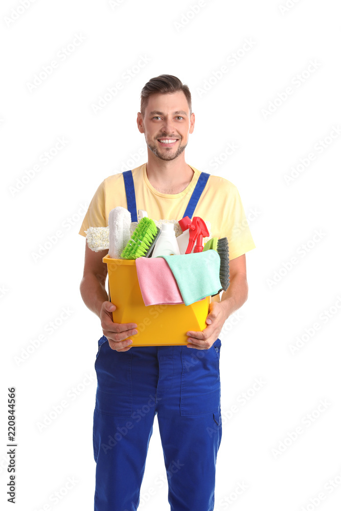 Male janitor with cleaning supplies on white background Male janitor with cleaning supplies on white background