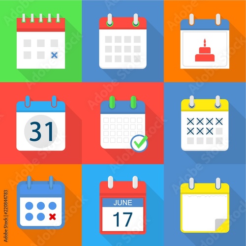 Paper calendar icons set. Flat set of 9 paper calendar vector icons for web isolated on white background