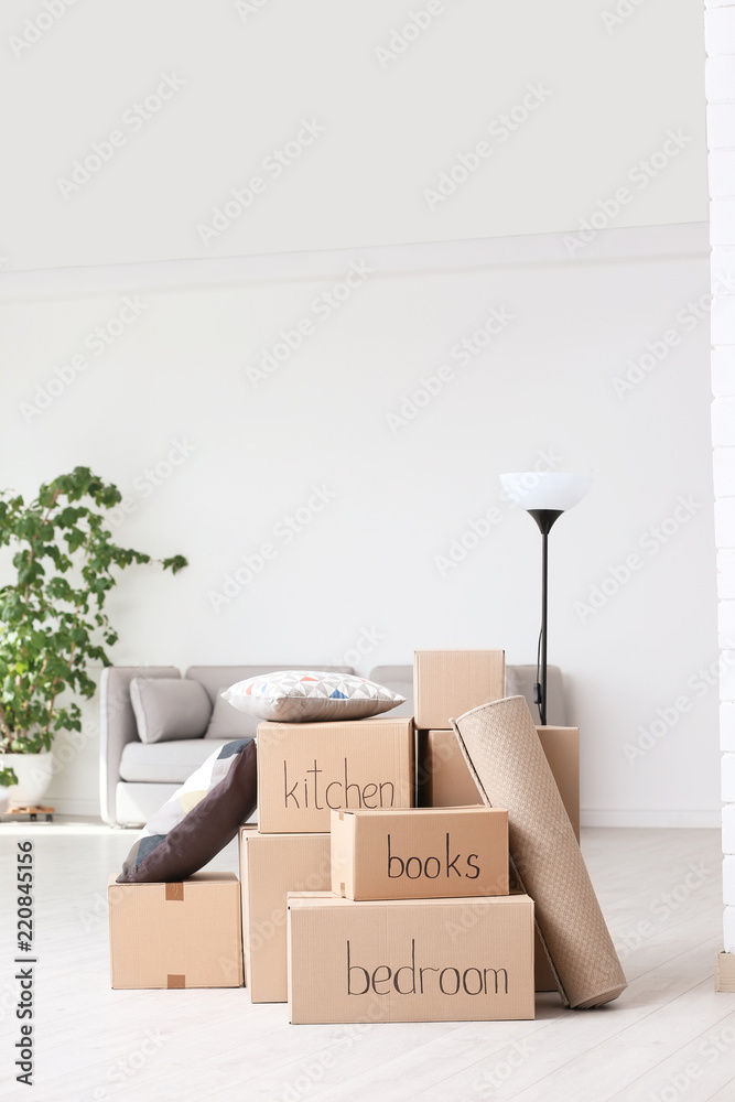 Pile of moving boxes and household stuff in living room Pile of moving boxes and household stuff in living room