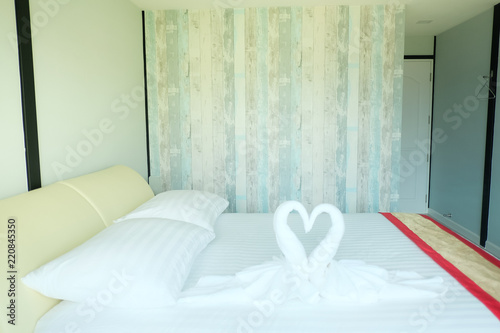 Modern hotel room with big bed