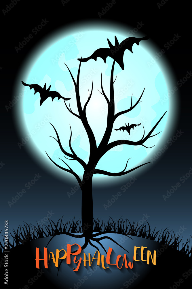 Halloween bare tree and dark bat on blue Moon background, illustration