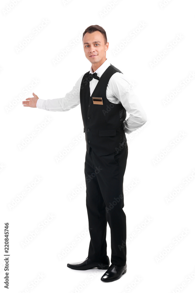 Full length portrait of young waiter in uniform on white background Full length portrait of young waiter in uniform on white background