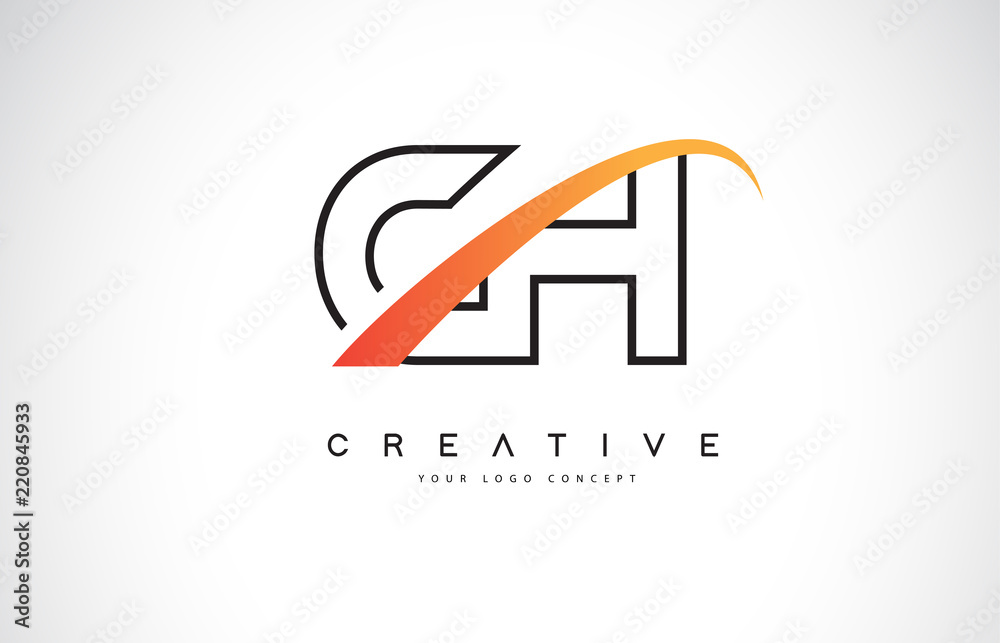 CH C H Swoosh Letter Logo Design with Modern Yellow Swoosh Curved Lines ...