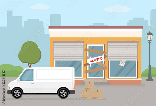 Store or cafe is bankrupt and closed. Facade of  building and van on city background.Flat vector illustration.
