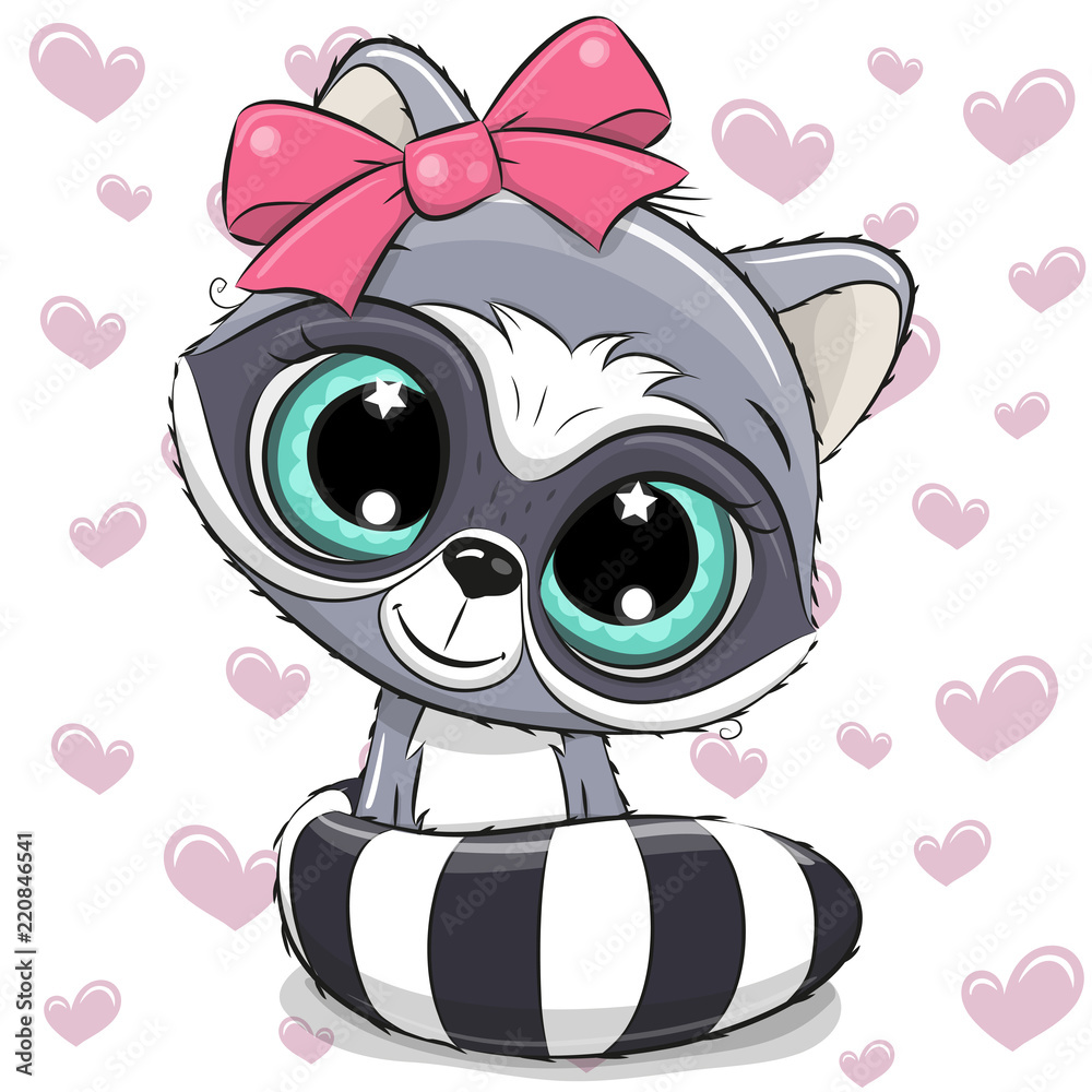 Fototapeta premium Cartoon Raccoon on a Hearts background