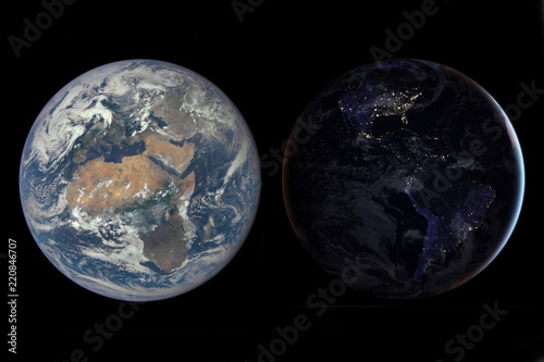 Planet Earth day and the moon. Image elements furnished by NASA.