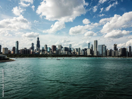 Aerial Chicago bay buildings bridge 