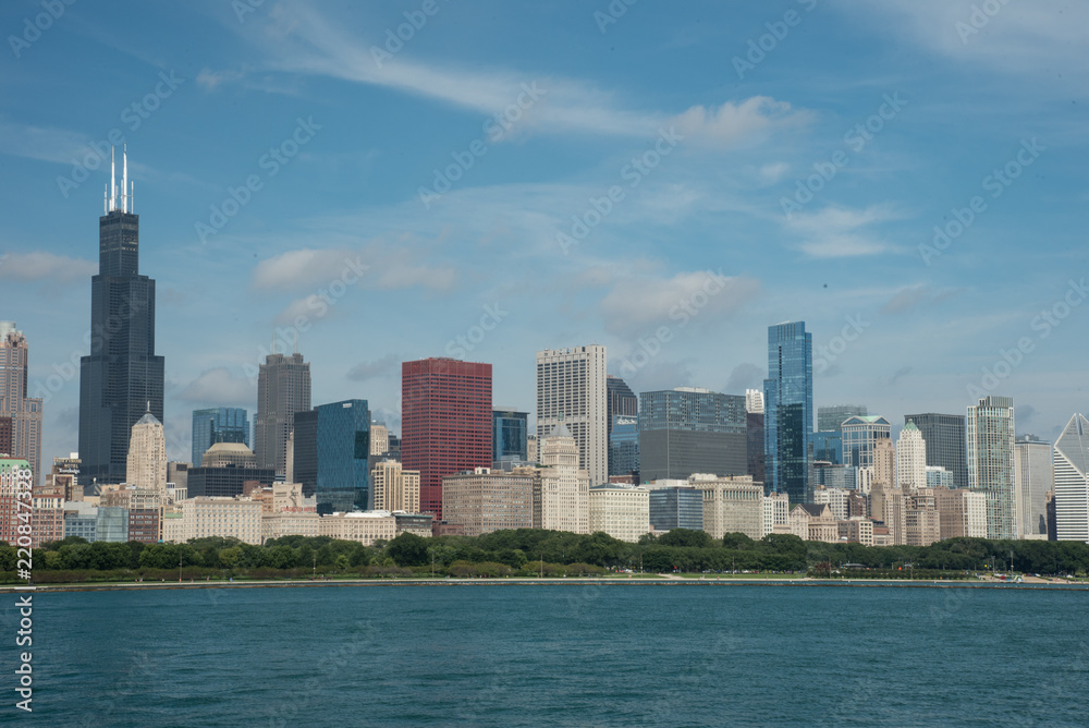 Aerial Chicago bay buildings bridge Aerial Chicago bay buildings bridge