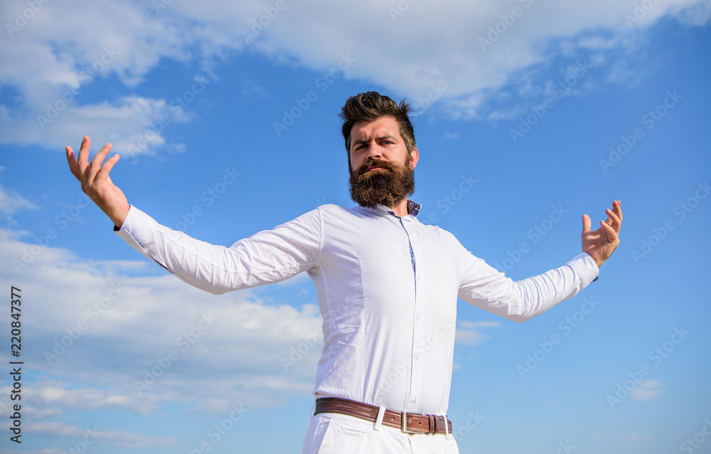 Way to understand narcissistic male. Self proud and narcissistic. Hipster bearded looks attractive. Guy enjoy top achievement. Man bearded feels proud himself sky background. Superiority and power Way to understand narcissistic male. Self proud and narcissistic. Hipster bearded looks attractive. Guy enjoy top achievement. Man bearded feels proud himself sky background. Superiority and power