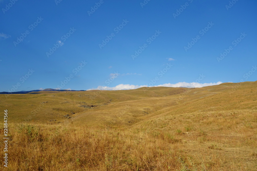 Landscape of a hiking trail leading from Geghard to Sevaberd via Azhdahak volcano in Geghama mountains, Armenia