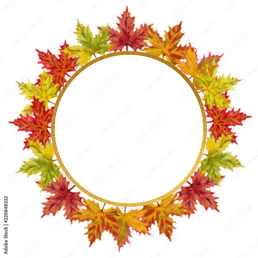 Fototapeta premium Round Golden Frame Decorated with Autumn Maple Leaves.