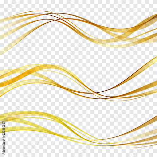Golden glittering dust tails. Shimmering gold waves with sparkles vector set.