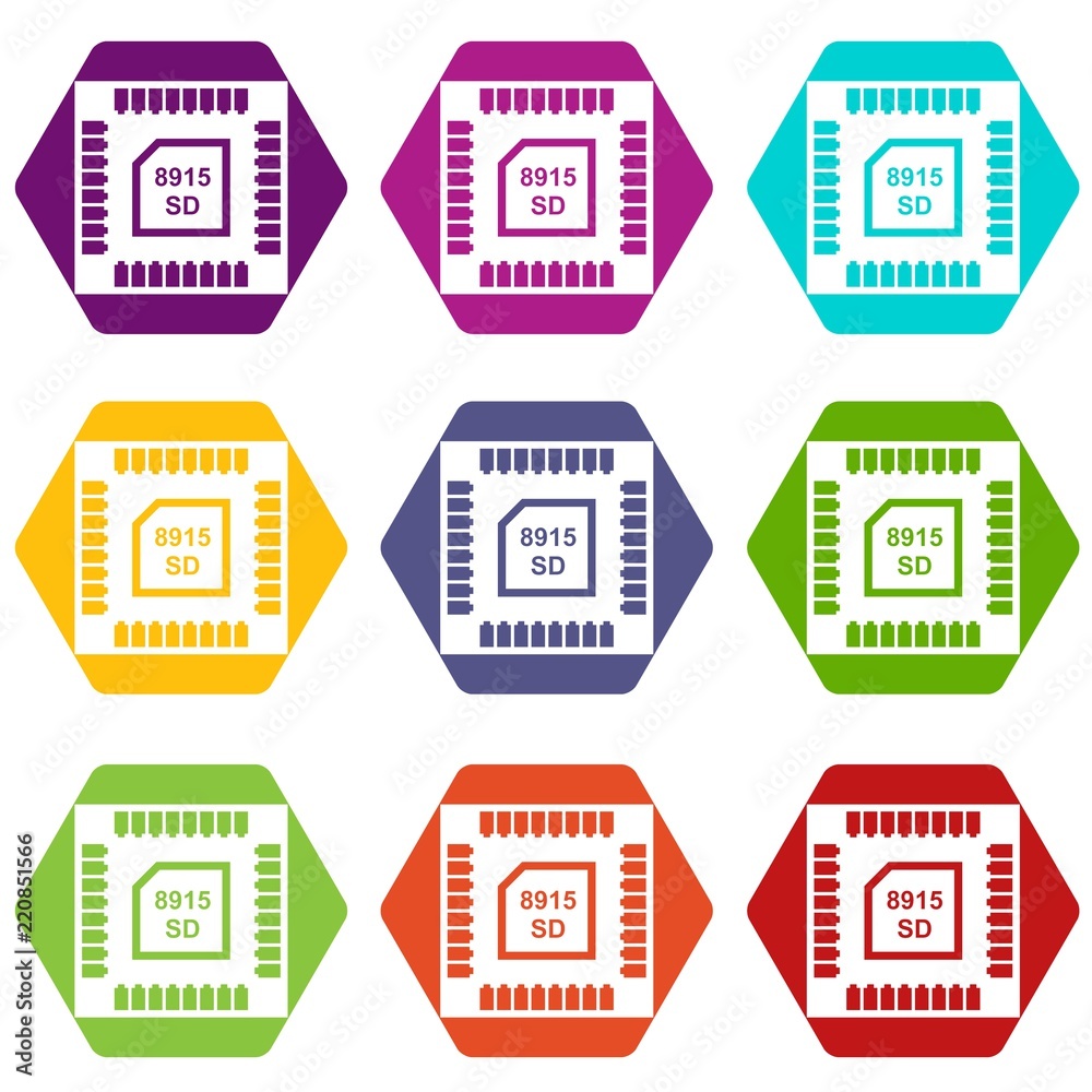 Fototapeta premium Technology microchip icons 9 set coloful isolated on white for web