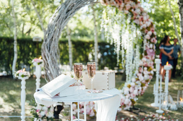 wedding arch and chairs on the grass in the park.