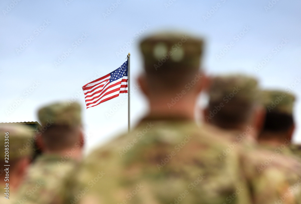 American Soldiers and US Flag. US Army - obrazy, fototapety, plakaty 