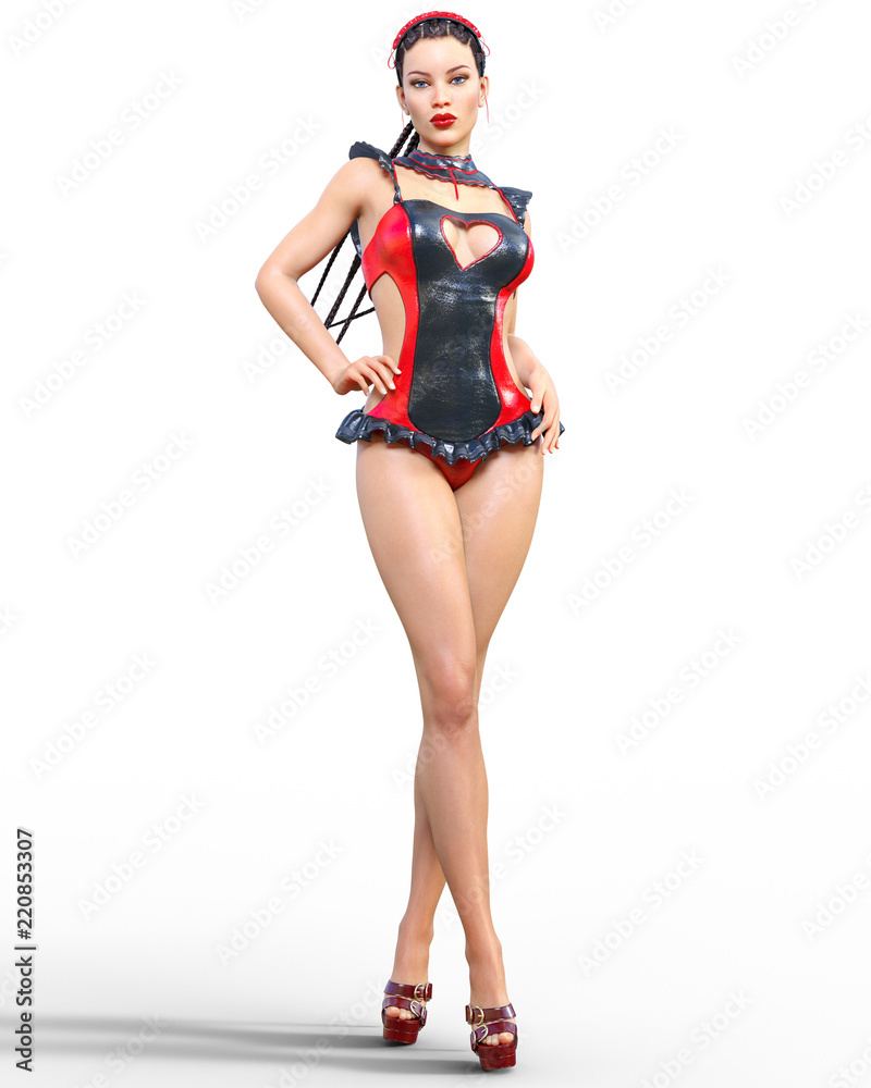 3D Beautiful sexy brunette girl red black latex corset.Minimalist extravagant clothes future.Woman studio photography.High heel.Conceptual fashion art.Burlesque show.Render illustration.Maid uniform 3D Beautiful sexy brunette girl red black latex corset.Minimalist extravagant clothes future.Woman studio photography.High heel.Conceptual fashion art.Burlesque show.Render illustration.Maid uniform