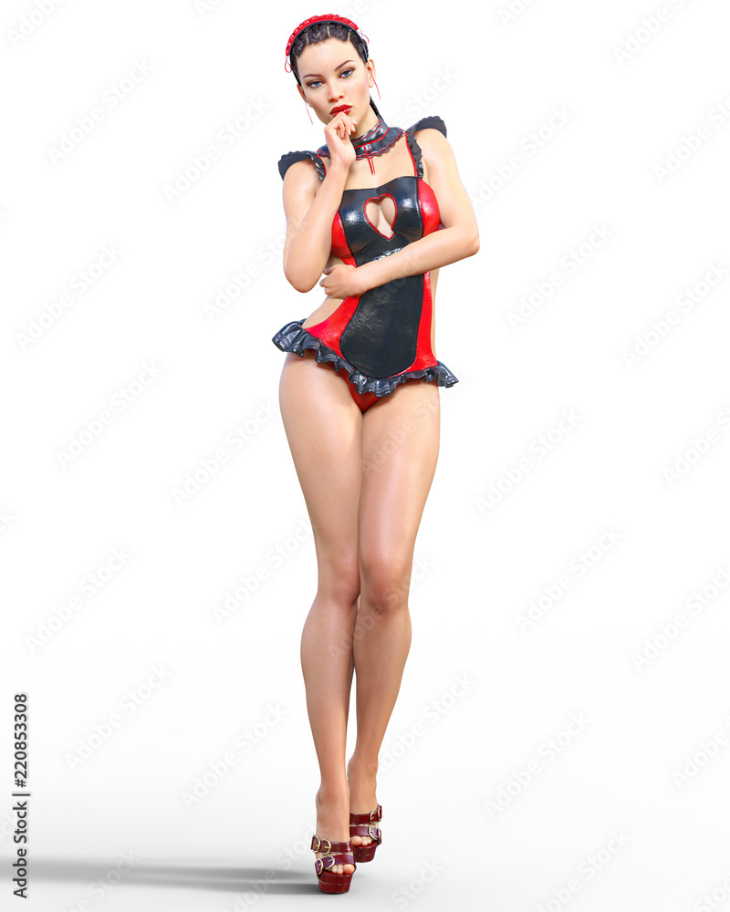 3D Beautiful sexy brunette girl red black latex corset.Minimalist extravagant clothes future.Woman studio photography.High heel.Conceptual fashion art.Burlesque show.Render illustration.Maid uniform 3D Beautiful sexy brunette girl red black latex corset.Minimalist extravagant clothes future.Woman studio photography.High heel.Conceptual fashion art.Burlesque show.Render illustration.Maid uniform
