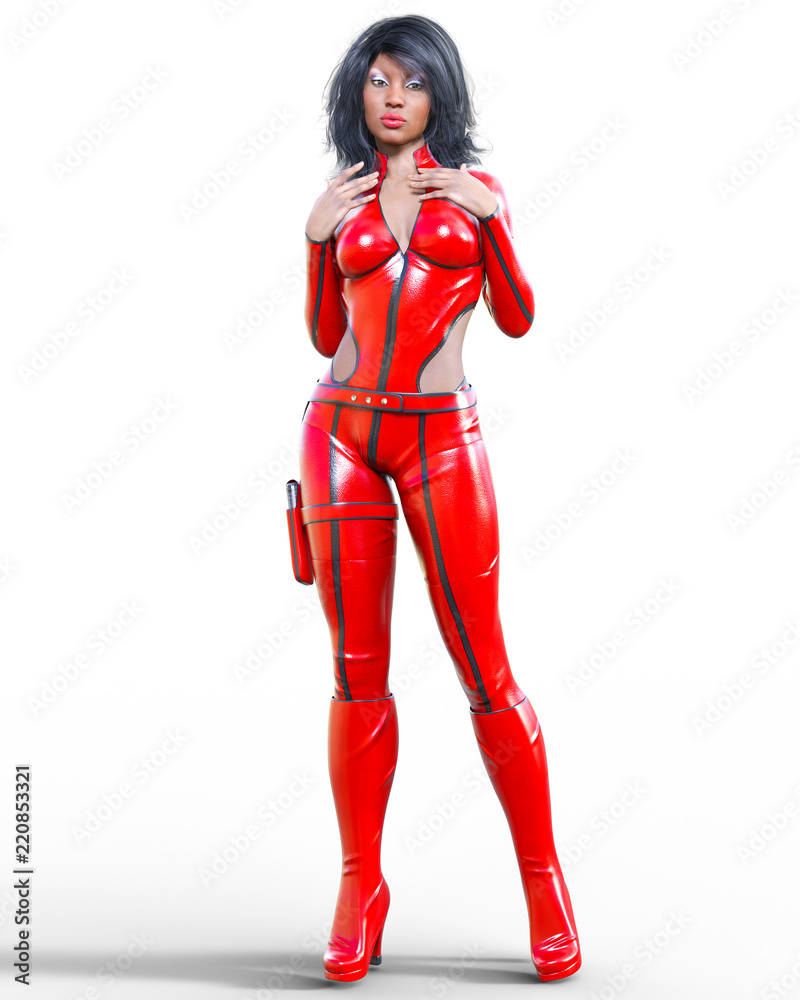 3D beautiful tall woman leather red bodysuit.Latex tight fitting suit.Gun in holster.Girl studio photography.High heel.Conceptual fashion art.Seductive candid pose.Realistic render illustration.