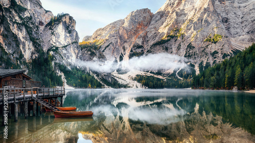 Foto Panoramic view of Braies Lake with the hut and boats in Dolomites mountains and