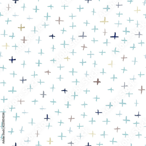 White seamless pattern illustration with watercolor blue, beige and pink crosses. Will be good for decor a postcard, posters,gift decor, wrapping paper, gift boxes, fabric and etc.
