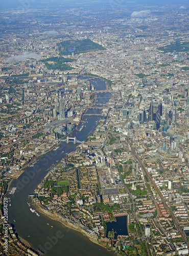 Aerial view of Central London and the River Thames from an airplane window