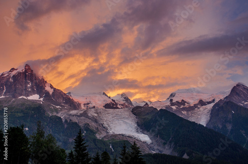 France, the Chamonix Valley, the sunset overlooking the glacier Les Bosson