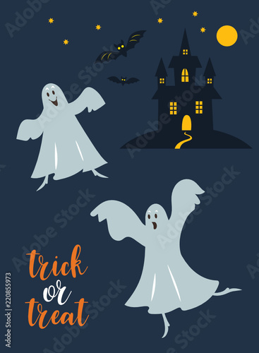 trick or treat, Cute dancing ghostes , vector illustration for Halloween invitation, party card design photo